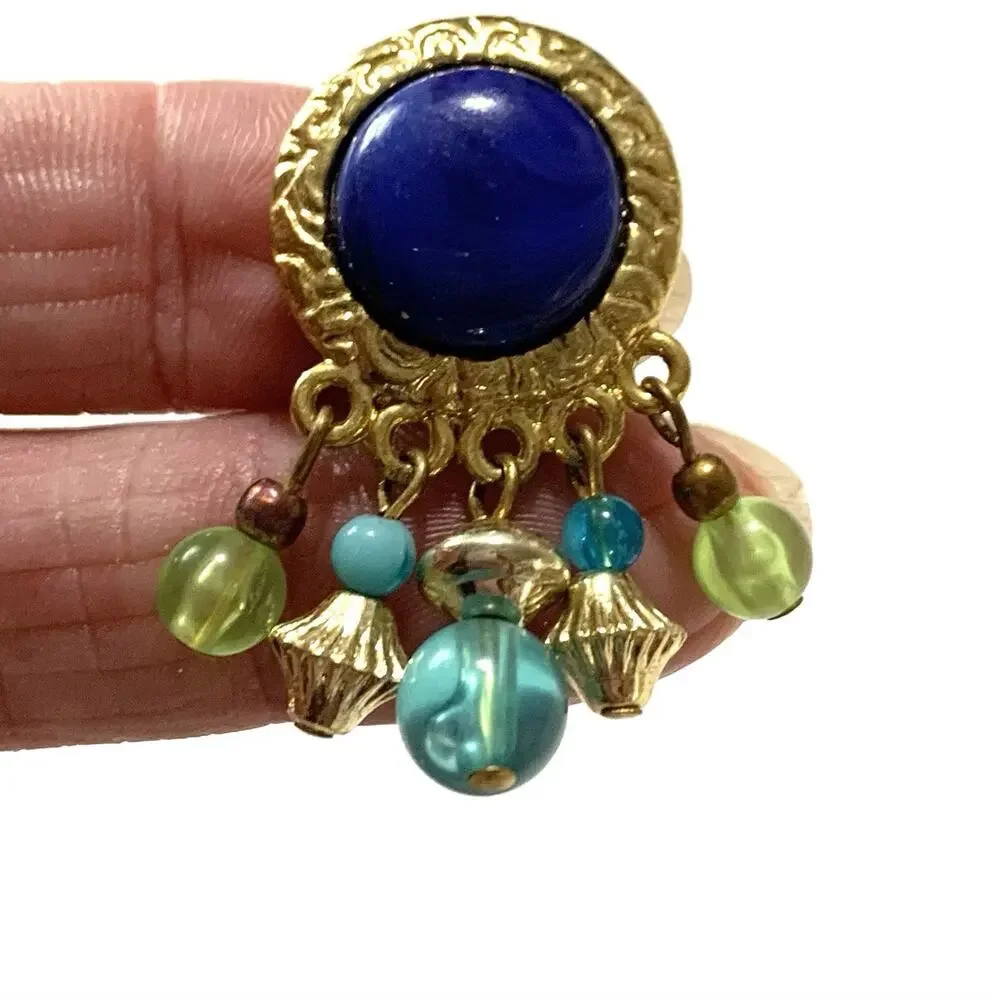 Vtg Blue Cabochon Bead Dangle Clip On Earrings Gold Tone Bold 80's Retro Chic